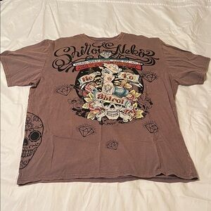 Graphic Brown T-Shirt with Skull and Floral Design